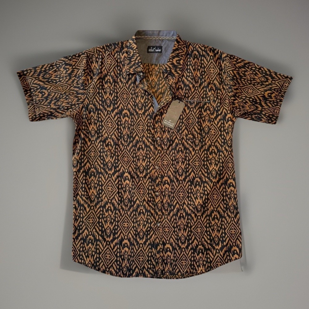 NWT Public Record Black And Orange Button Down Short‎ Sleeve Shirt Men's Size L